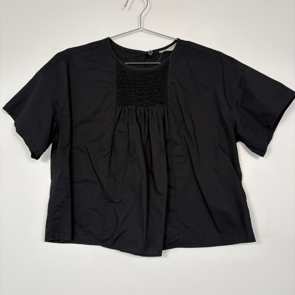 Everlane Womens Smock Top S Black Cotton Short Sleeve Pleated Blouse‎ F-BTDN-CTN